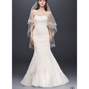 LACE OVERLAY CHARMEUSE WEDDING DRESS WITH TRAIN
